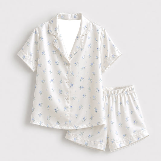 PJ-364-White Satin Floral Pajama Apparel, Blue Rose Pattern Sleeve Loungewear Sleepwear Collection Nightwear