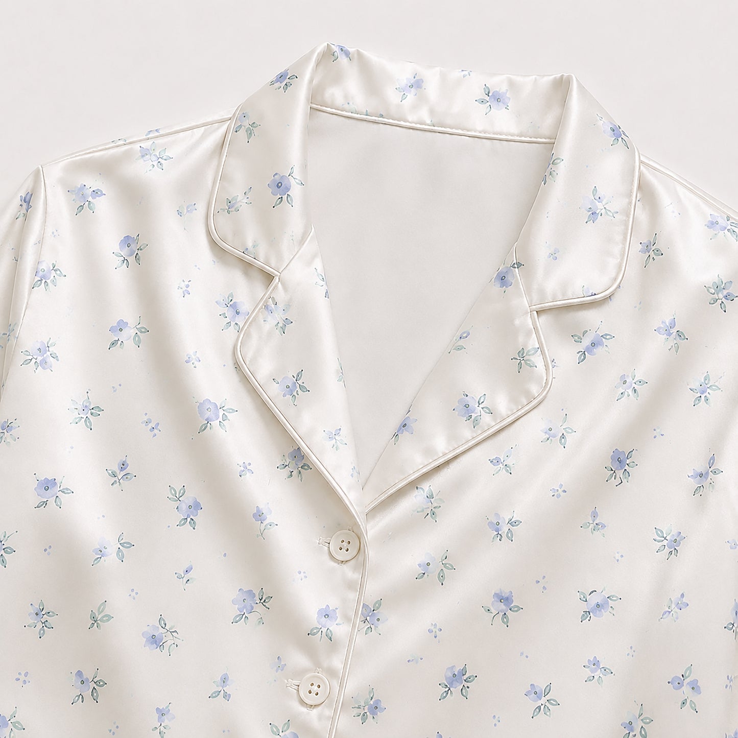 PJ-364-White Satin Floral Pajama Apparel, Blue Rose Pattern Sleeve Loungewear Sleepwear Collection Nightwear