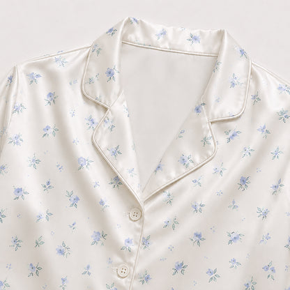PJ-364-White Satin Floral Pajama Apparel, Blue Rose Pattern Sleeve Loungewear Sleepwear Collection Nightwear