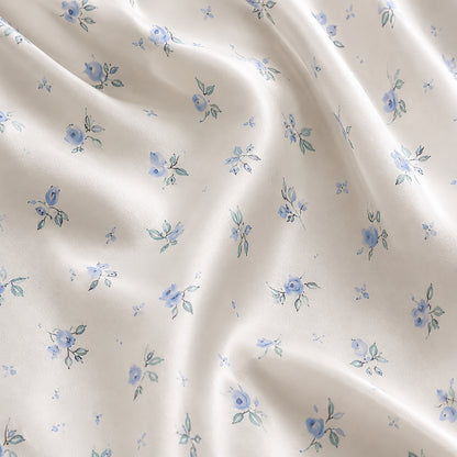 PJ-364-White Satin Floral Pajama Apparel, Blue Rose Pattern Sleeve Loungewear Sleepwear Collection Nightwear