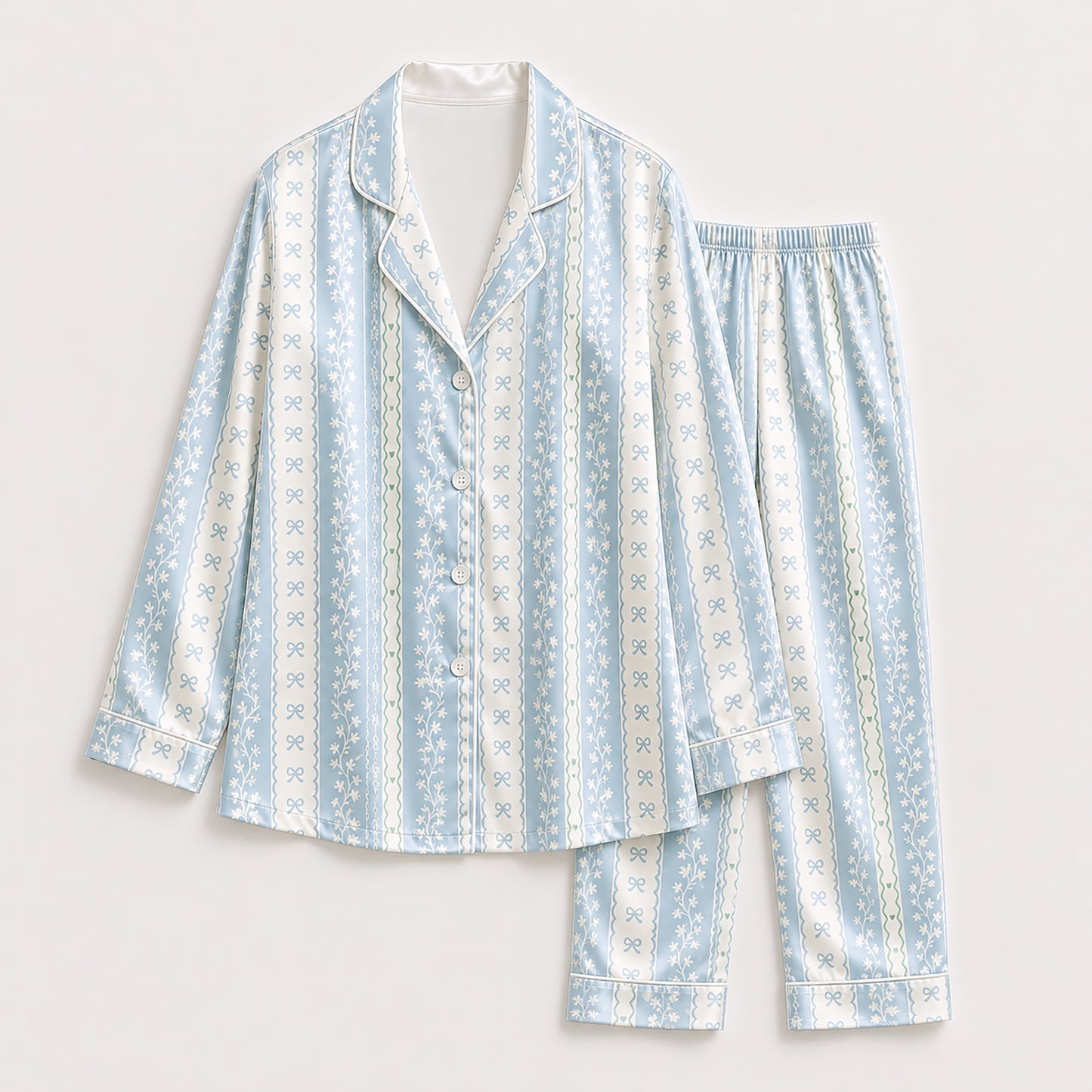 PJ-365-Repeating Vertical Stripe Printed Satin Pajama Garment, Novelty Cute Unisex Sleepwear Lounge Coordinates