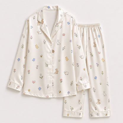 PJ-367-Satin Cherish Animal Pajama Apparel, Blue Bird Rabbit Loungewear Sleepwear Collection Nightwear