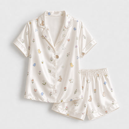 PJ-367-Satin Cherish Animal Pajama Apparel, Blue Bird Rabbit Loungewear Sleepwear Collection Nightwear
