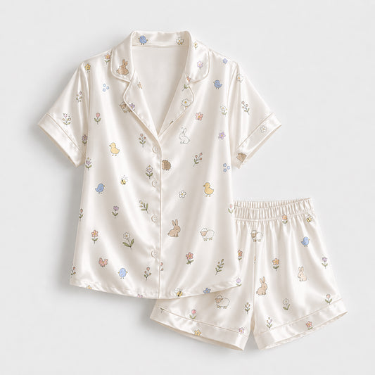 PJ-367-Satin Cherish Animal Pajama Apparel, Blue Bird Rabbit Loungewear Sleepwear Collection Nightwear