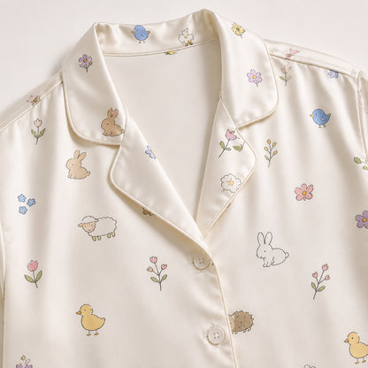 PJ-367-Satin Cherish Animal Pajama Apparel, Blue Bird Rabbit Loungewear Sleepwear Collection Nightwear