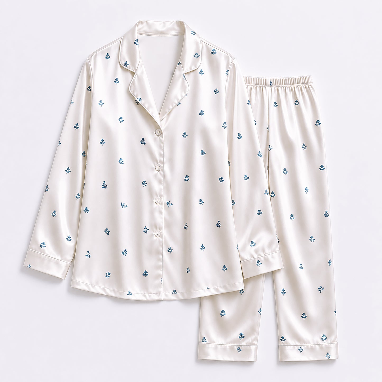 PJ-368-Ivory Satin Fleur De Lis Pajama Apparel, Blue Motif Silhouette Loungewear Sleepwear Collection Nightwear