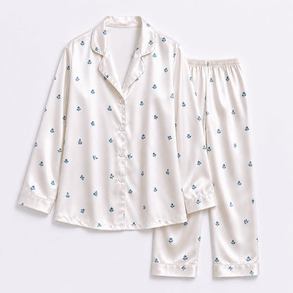 PJ-368-Ivory Satin Fleur De Lis Pajama Apparel, Blue Motif Silhouette Loungewear Sleepwear Collection Nightwear