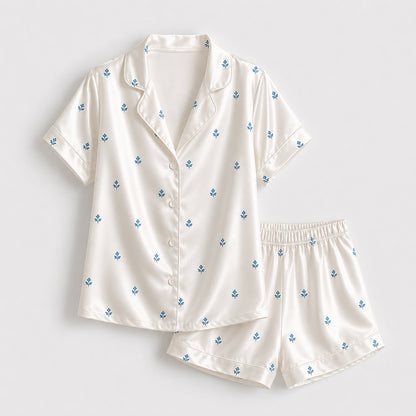 PJ-368-Ivory Satin Fleur De Lis Pajama Apparel, Blue Motif Silhouette Loungewear Sleepwear Collection Nightwear