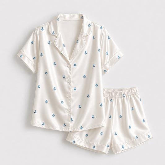 PJ-368-Ivory Satin Fleur De Lis Pajama Apparel, Blue Motif Silhouette Loungewear Sleepwear Collection Nightwear
