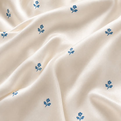 PJ-368-Ivory Satin Fleur De Lis Pajama Apparel, Blue Motif Silhouette Loungewear Sleepwear Collection Nightwear