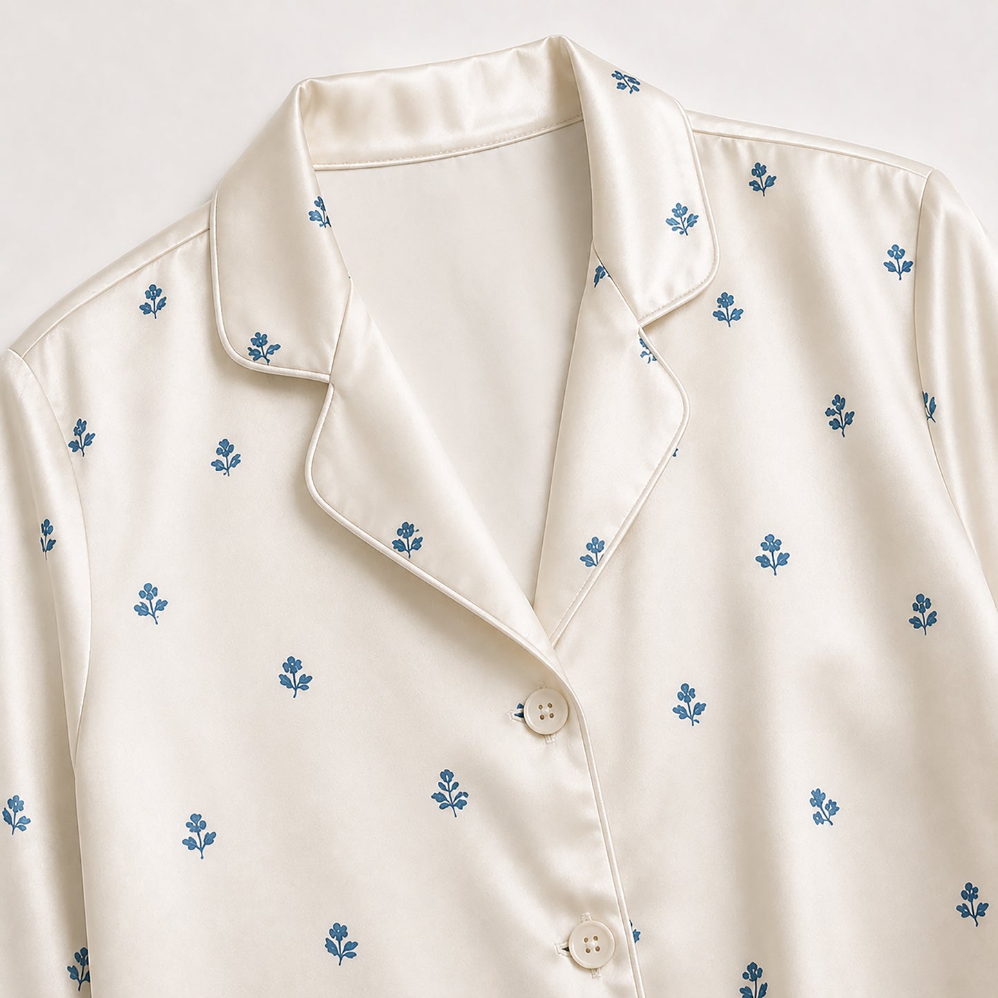PJ-368-Ivory Satin Fleur De Lis Pajama Apparel, Blue Motif Silhouette Loungewear Sleepwear Collection Nightwear