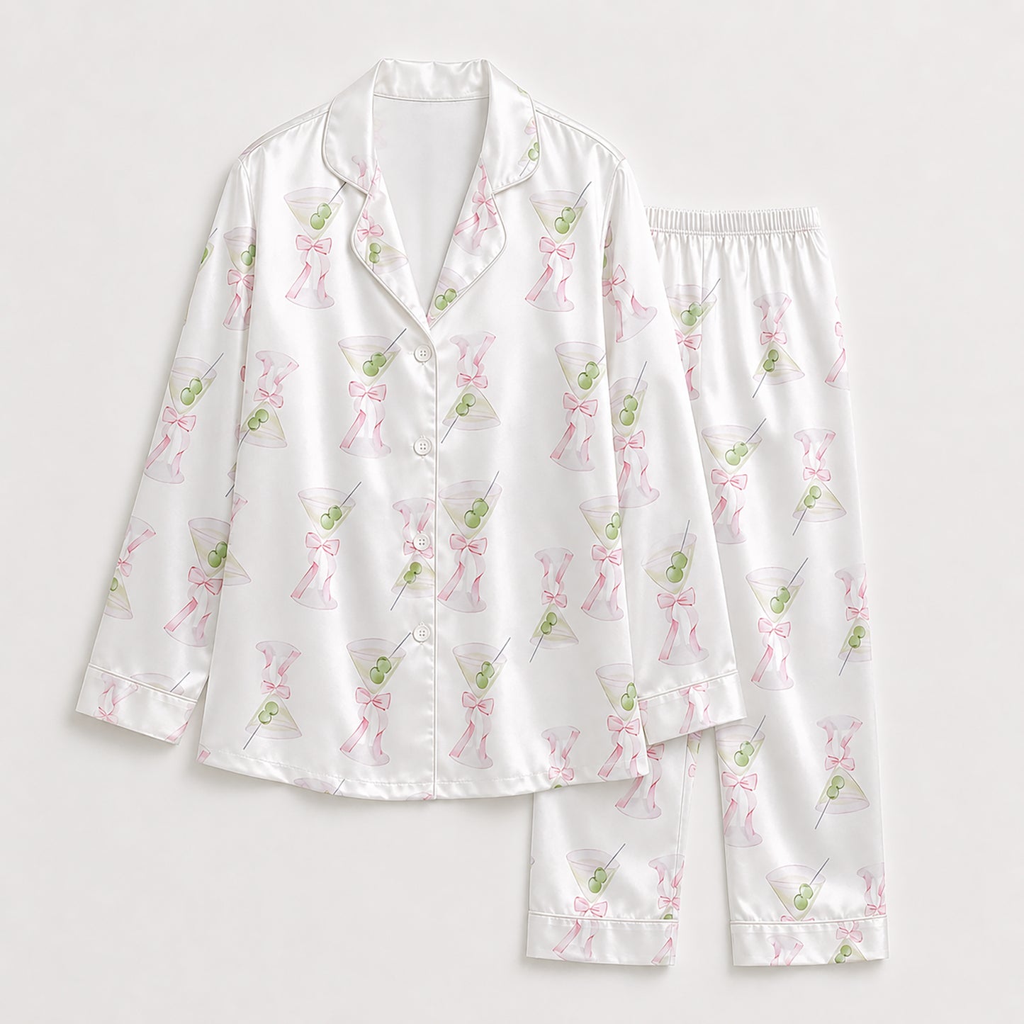 PJ-380-Coquette Martini Glass Satin Pajamas Pink Bow Cocktail Sleepwear Pjs