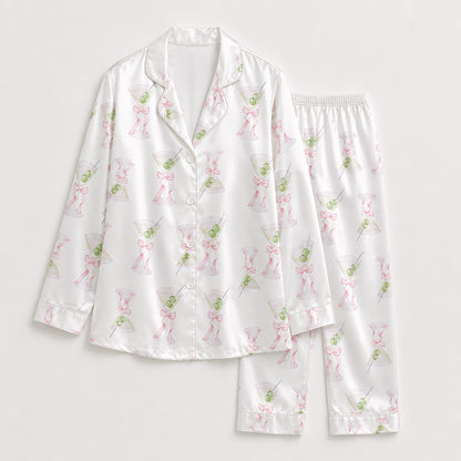 PJ-380-Coquette Martini Glass Satin Pajamas Pink Bow Cocktail Sleepwear Pjs