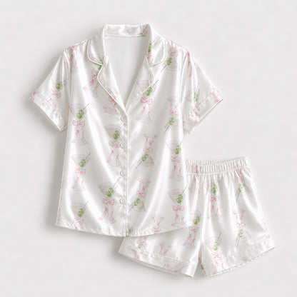 PJ-380-Coquette Martini Glass Satin Pajamas Pink Bow Cocktail Sleepwear Pjs