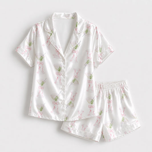 PJ-380-Coquette Martini Glass Satin Pajamas Pink Bow Cocktail Sleepwear Pjs