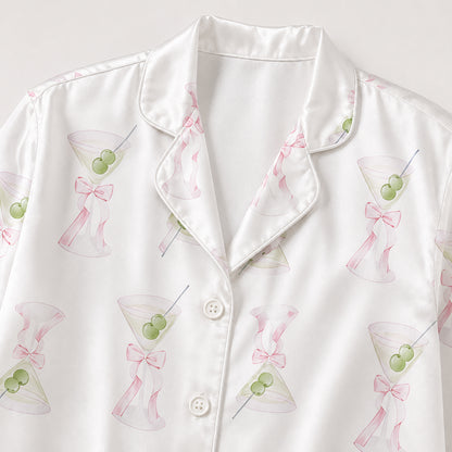 PJ-380-Coquette Martini Glass Satin Pajamas Pink Bow Cocktail Sleepwear Pjs