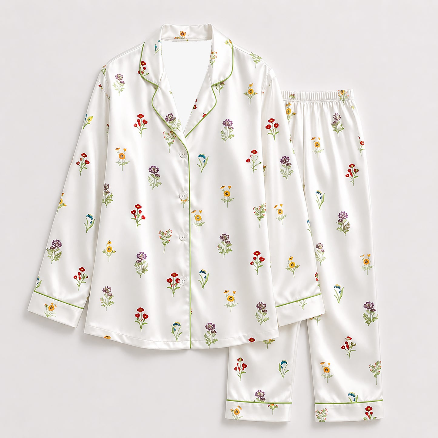 PJ-382-White Satin Wildflower Pajama Apparel, Colorful Blossom Pattern Sleeve Loungewear Sleepwear Collection Clothing
