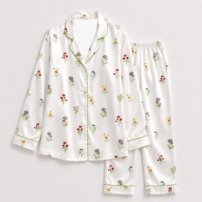 PJ-382-White Satin Wildflower Pajama Apparel, Colorful Blossom Pattern Sleeve Loungewear Sleepwear Collection Clothing