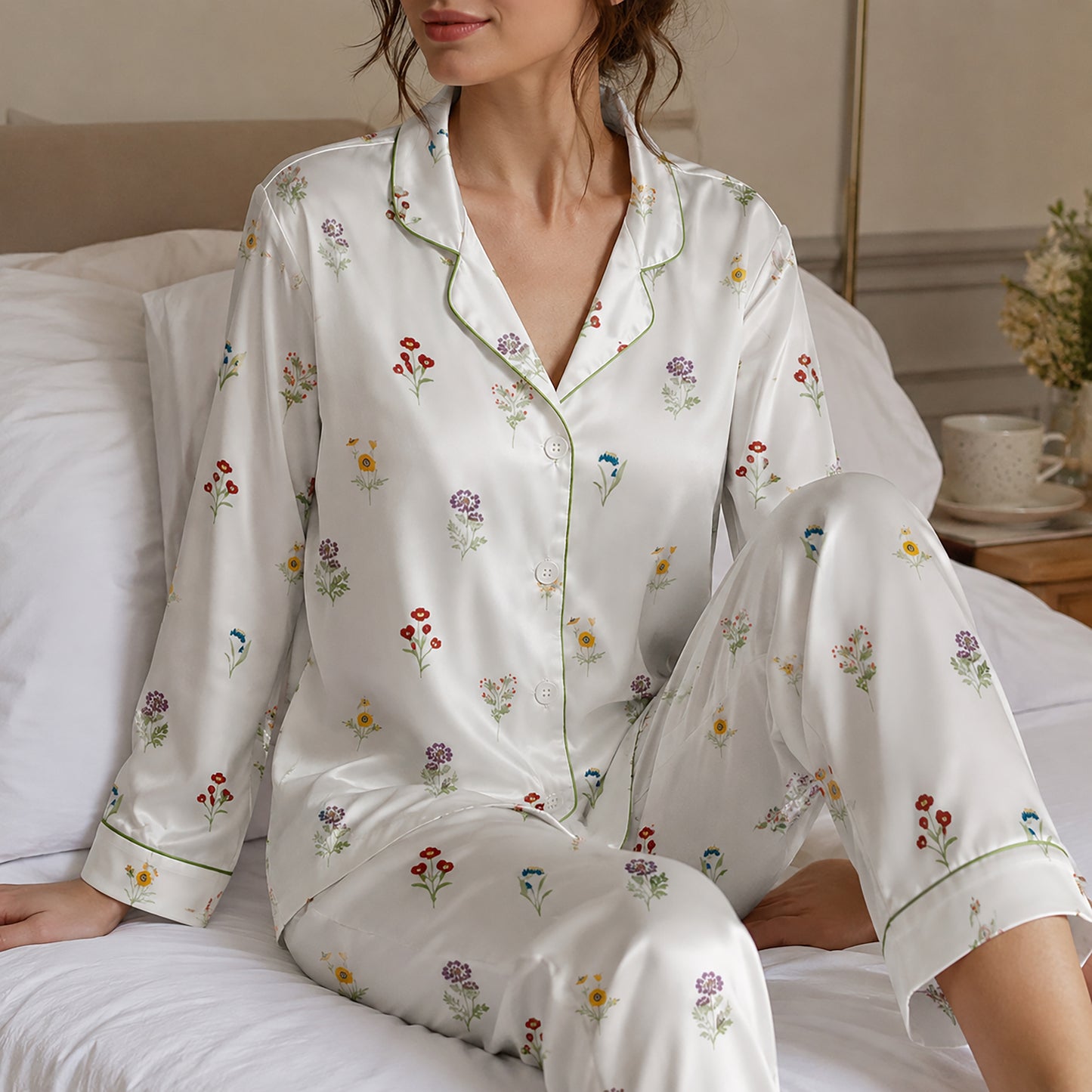 PJ-382-White Satin Wildflower Pajama Apparel, Colorful Blossom Pattern Sleeve Loungewear Sleepwear Collection Clothing