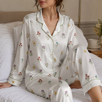 PJ-382-White Satin Wildflower Pajama Apparel, Colorful Blossom Pattern Sleeve Loungewear Sleepwear Collection Clothing