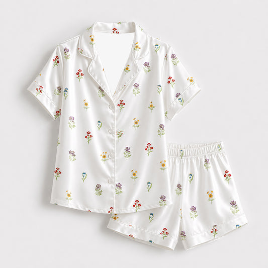 PJ-382-White Satin Wildflower Pajama Apparel, Colorful Blossom Pattern Sleeve Loungewear Sleepwear Collection Clothing