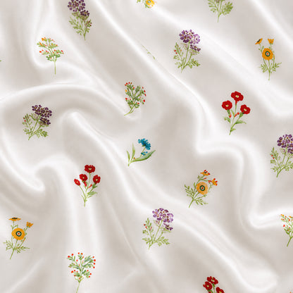 PJ-382-White Satin Wildflower Pajama Apparel, Colorful Blossom Pattern Sleeve Loungewear Sleepwear Collection Clothing