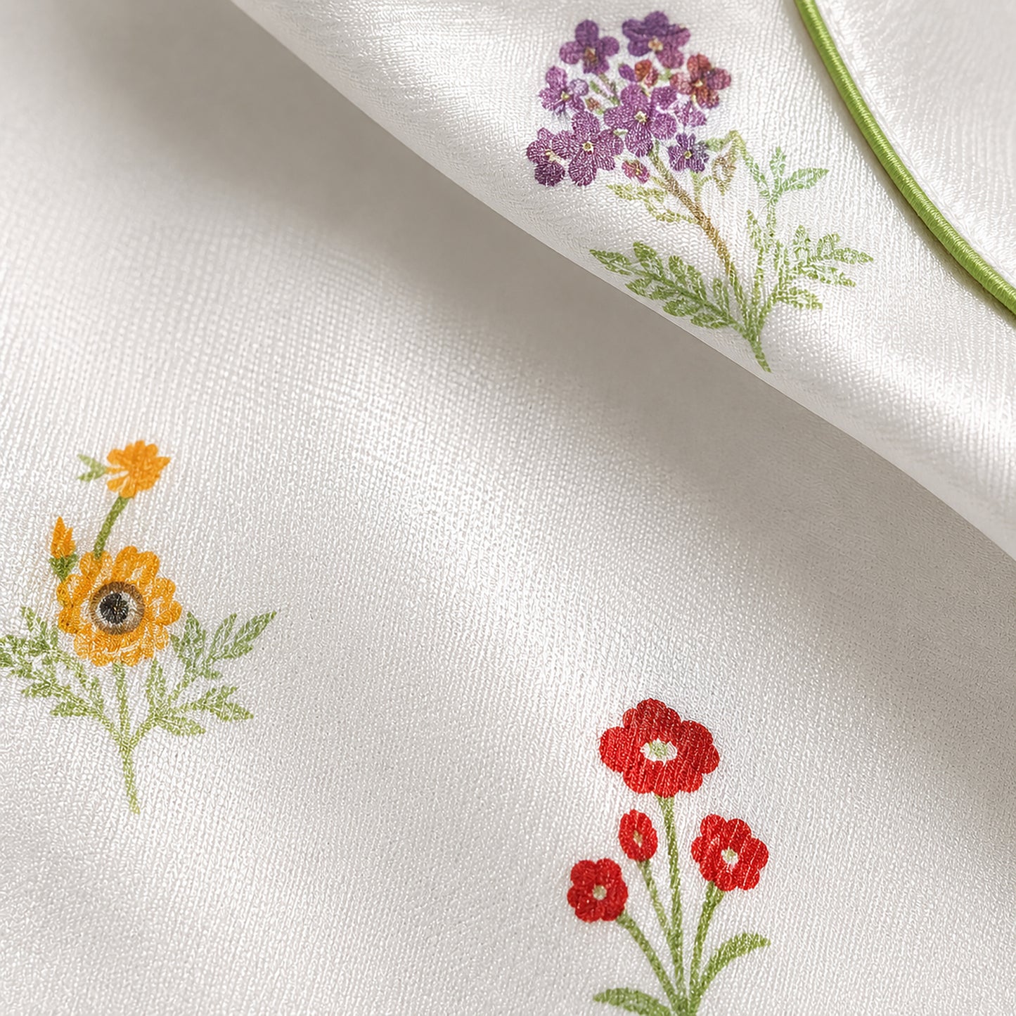 PJ-382-White Satin Wildflower Pajama Apparel, Colorful Blossom Pattern Sleeve Loungewear Sleepwear Collection Clothing