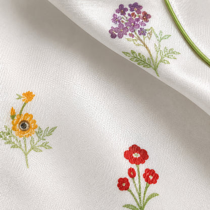 PJ-382-White Satin Wildflower Pajama Apparel, Colorful Blossom Pattern Sleeve Loungewear Sleepwear Collection Clothing