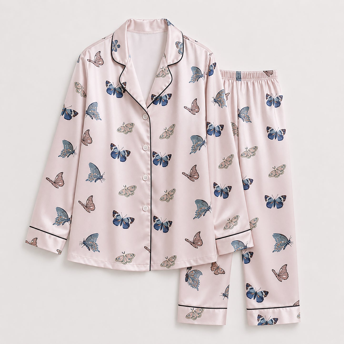 PJ-383-Pink Satin Butterfly Pajama Apparel, Blue Insect Pattern Sleeve Loungewear Sleepwear Collection