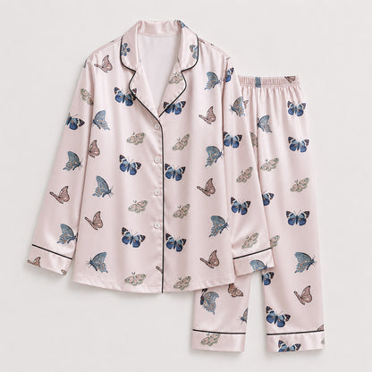 PJ-383-Pink Satin Butterfly Pajama Apparel, Blue Insect Pattern Sleeve Loungewear Sleepwear Collection