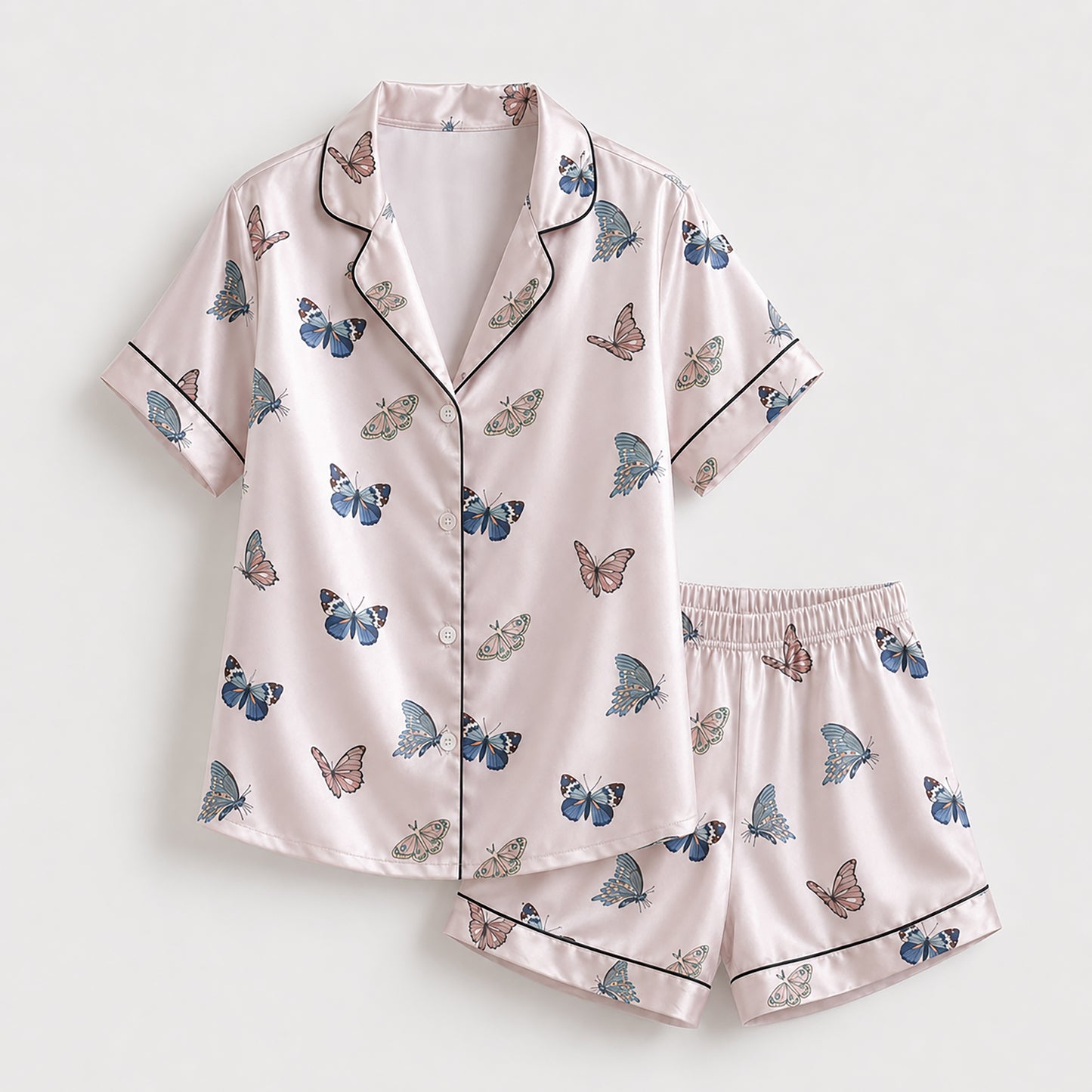 PJ-383-Pink Satin Butterfly Pajama Apparel, Blue Insect Pattern Sleeve Loungewear Sleepwear Collection