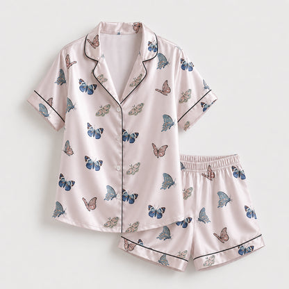 PJ-383-Pink Satin Butterfly Pajama Apparel, Blue Insect Pattern Sleeve Loungewear Sleepwear Collection