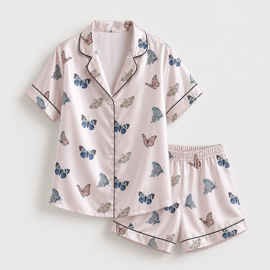 PJ-383-Pink Satin Butterfly Pajama Apparel, Blue Insect Pattern Sleeve Loungewear Sleepwear Collection