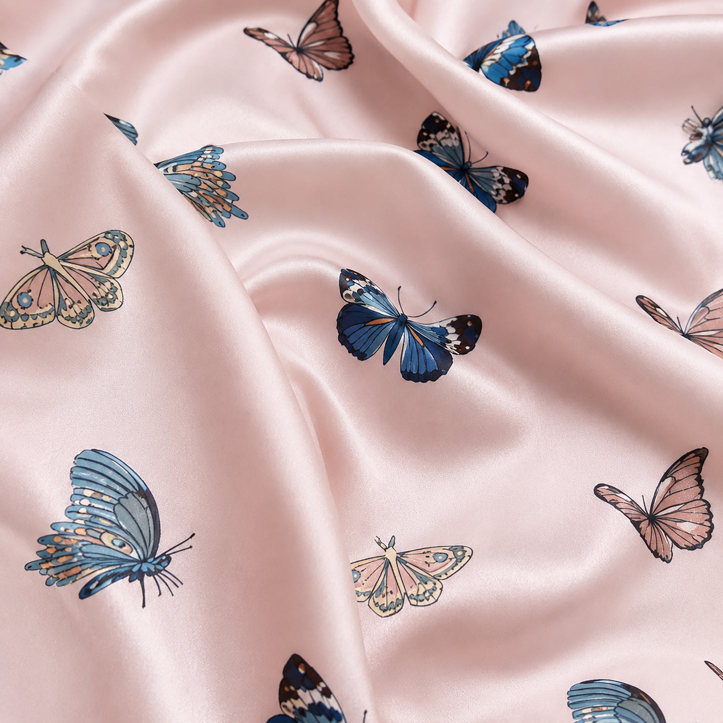 PJ-383-Pink Satin Butterfly Pajama Apparel, Blue Insect Pattern Sleeve Loungewear Sleepwear Collection