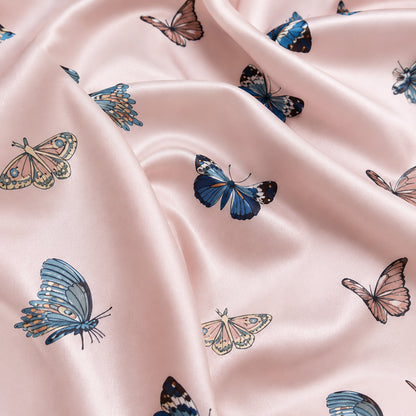 PJ-383-Pink Satin Butterfly Pajama Apparel, Blue Insect Pattern Sleeve Loungewear Sleepwear Collection