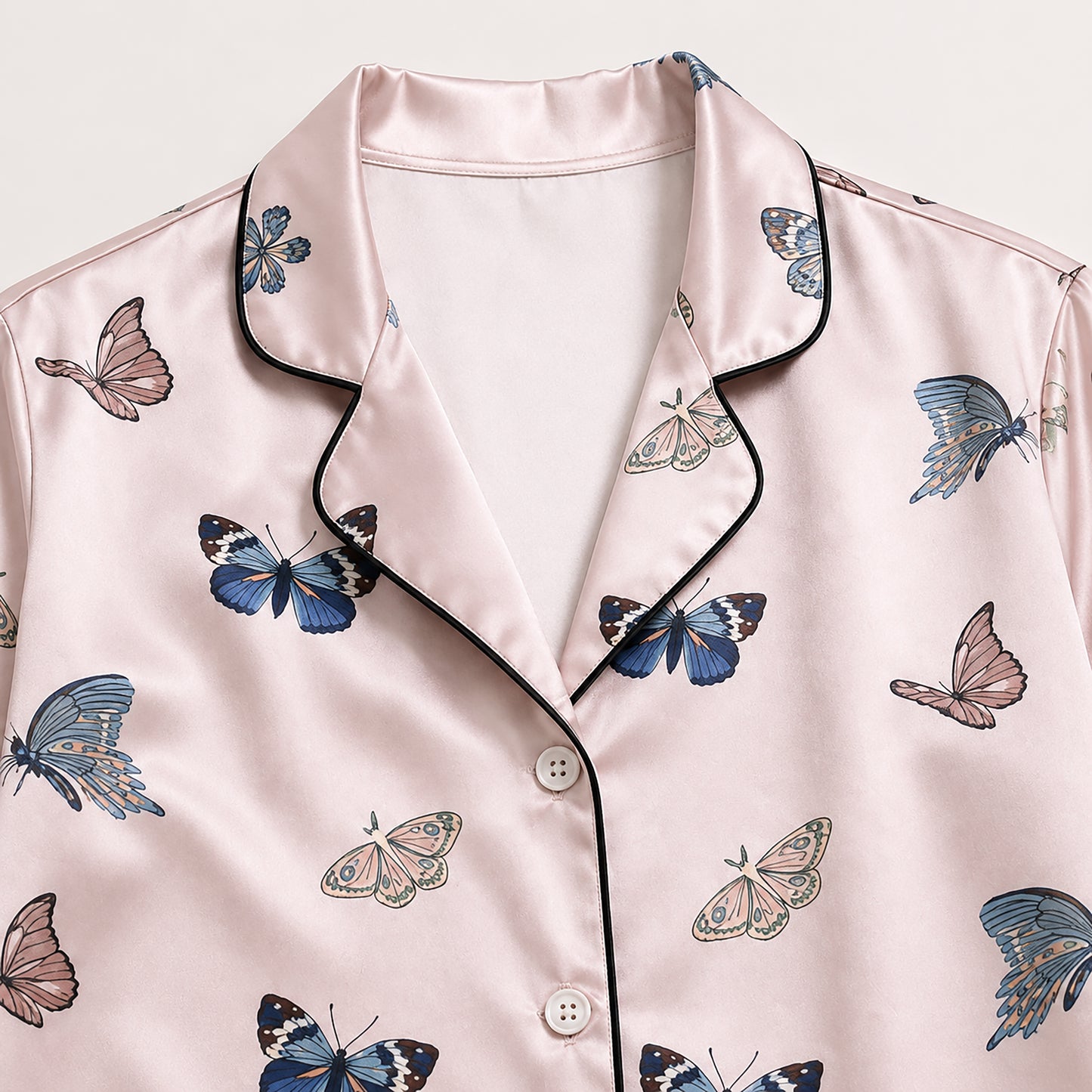PJ-383-Pink Satin Butterfly Pajama Apparel, Blue Insect Pattern Sleeve Loungewear Sleepwear Collection