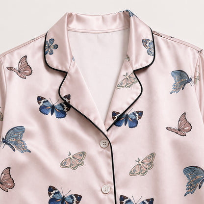 PJ-383-Pink Satin Butterfly Pajama Apparel, Blue Insect Pattern Sleeve Loungewear Sleepwear Collection