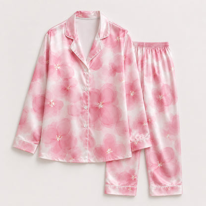 PJ-384-Pink Satin Watercolor Pajama Apparel, Rose Blossom Pattern Sleeve Loungewear Sleepwear Collection Nightwear
