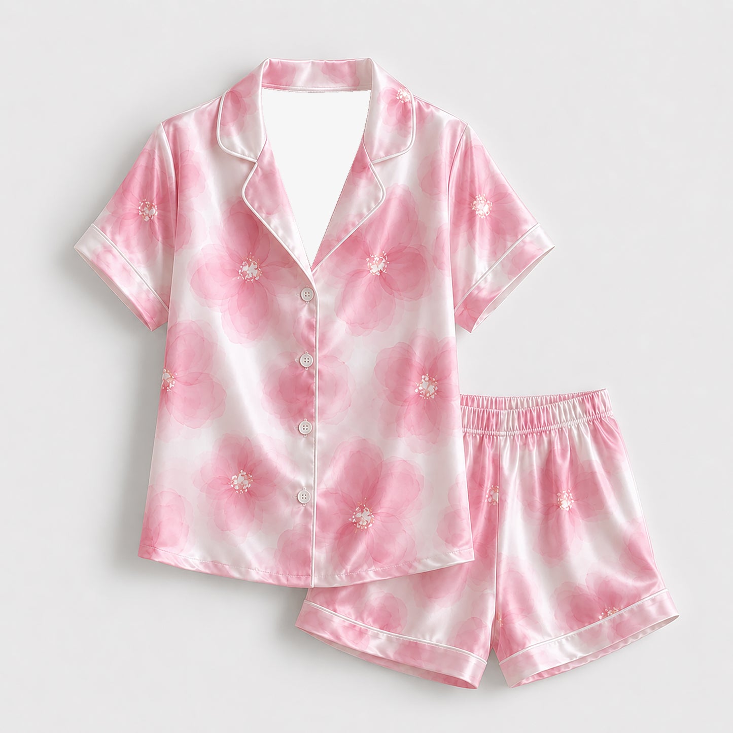 PJ-384-Pink Satin Watercolor Pajama Apparel, Rose Blossom Pattern Sleeve Loungewear Sleepwear Collection Nightwear
