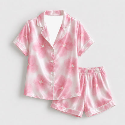 PJ-384-Pink Satin Watercolor Pajama Apparel, Rose Blossom Pattern Sleeve Loungewear Sleepwear Collection Nightwear