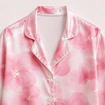 PJ-384-Pink Satin Watercolor Pajama Apparel, Rose Blossom Pattern Sleeve Loungewear Sleepwear Collection Nightwear