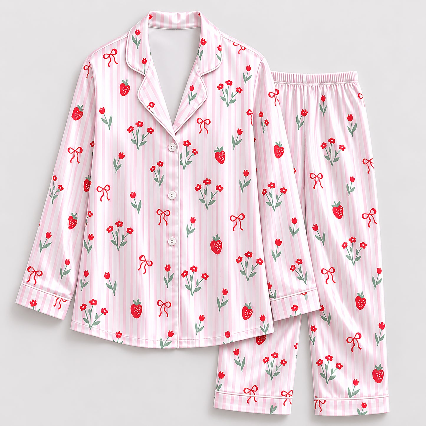 PJ-385-Pink Satin Strawberry Pajama Apparel, Red Ribbon Pattern Sleeve Loungewear Sleepwear Collection Nightwear
