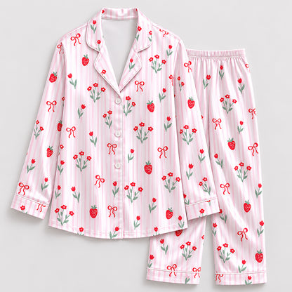 PJ-385-Pink Satin Strawberry Pajama Apparel, Red Ribbon Pattern Sleeve Loungewear Sleepwear Collection Nightwear