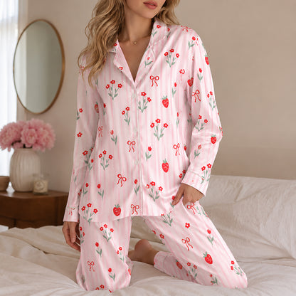 PJ-385-Pink Satin Strawberry Pajama Apparel, Red Ribbon Pattern Sleeve Loungewear Sleepwear Collection Nightwear