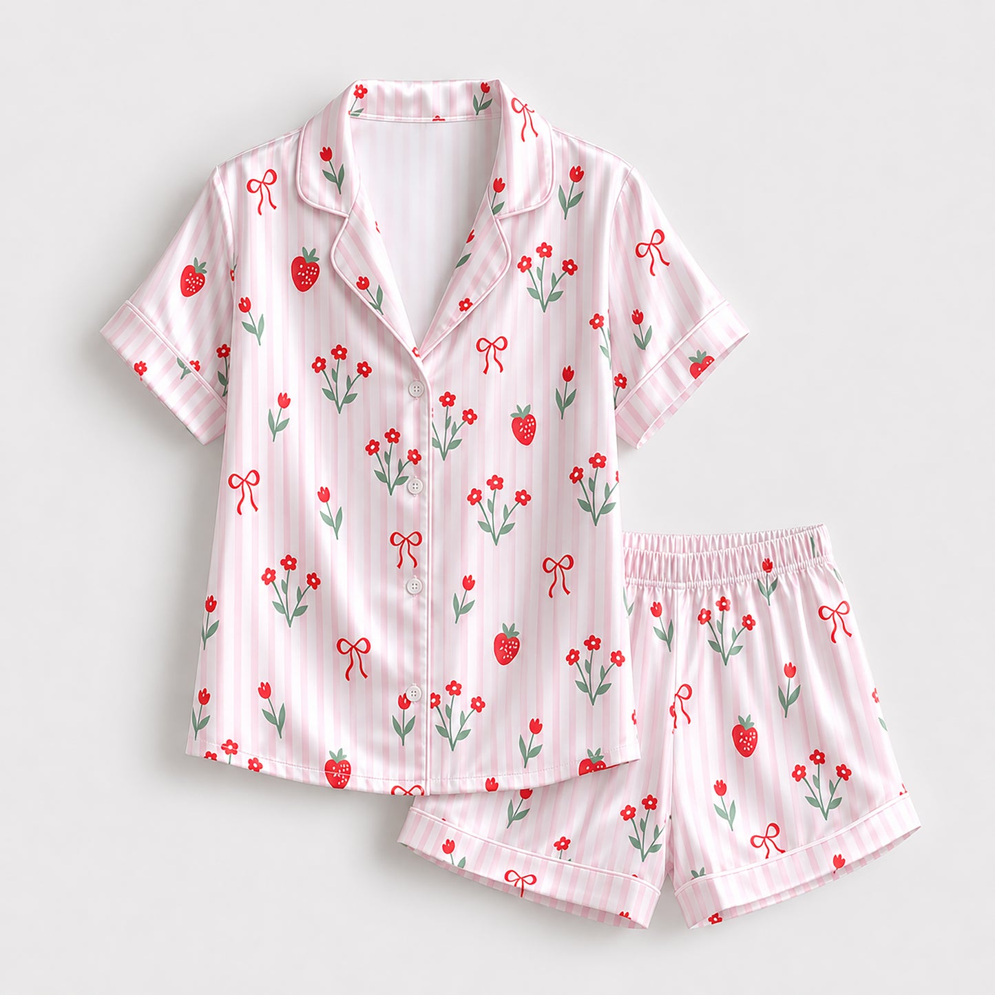 PJ-385-Pink Satin Strawberry Pajama Apparel, Red Ribbon Pattern Sleeve Loungewear Sleepwear Collection Nightwear