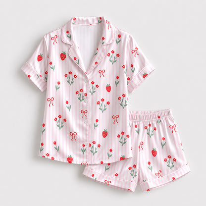PJ-385-Pink Satin Strawberry Pajama Apparel, Red Ribbon Pattern Sleeve Loungewear Sleepwear Collection Nightwear