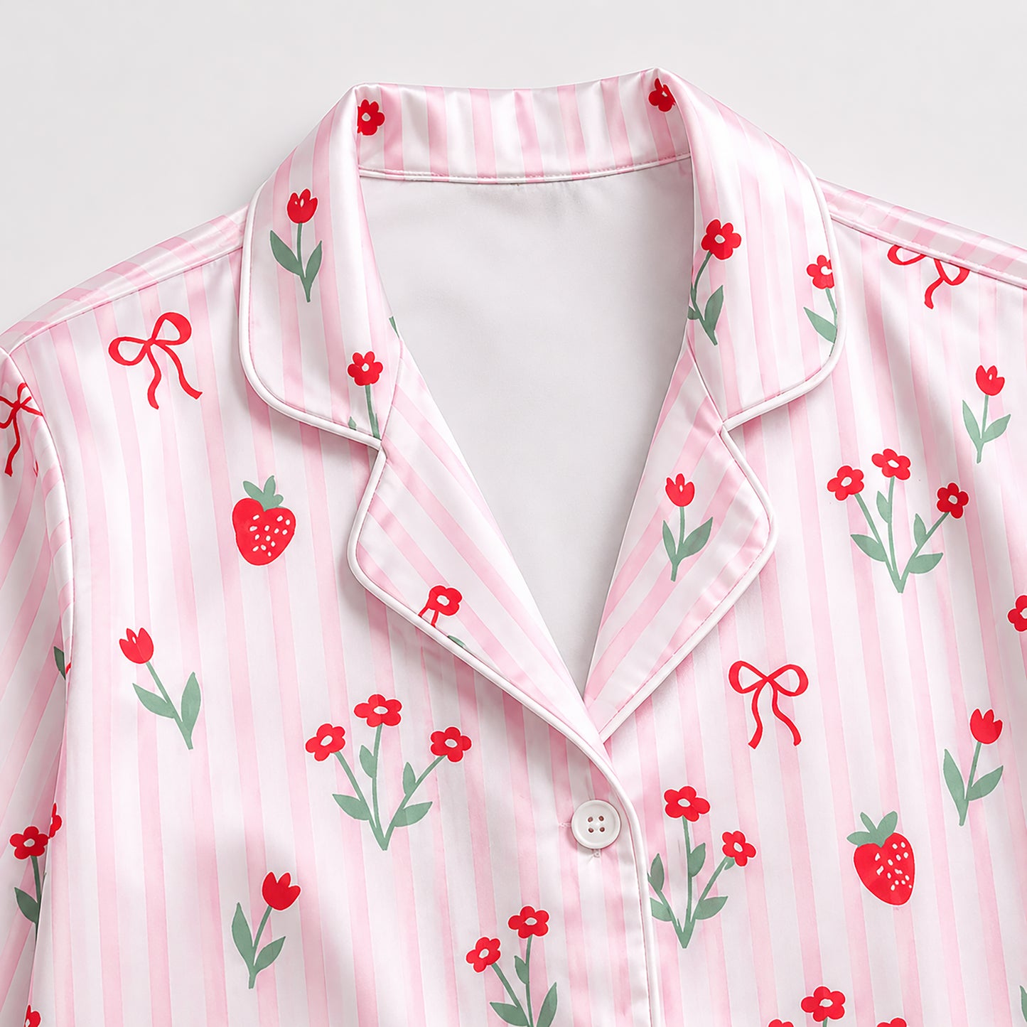 PJ-385-Pink Satin Strawberry Pajama Apparel, Red Ribbon Pattern Sleeve Loungewear Sleepwear Collection Nightwear