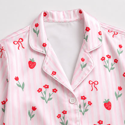 PJ-385-Pink Satin Strawberry Pajama Apparel, Red Ribbon Pattern Sleeve Loungewear Sleepwear Collection Nightwear