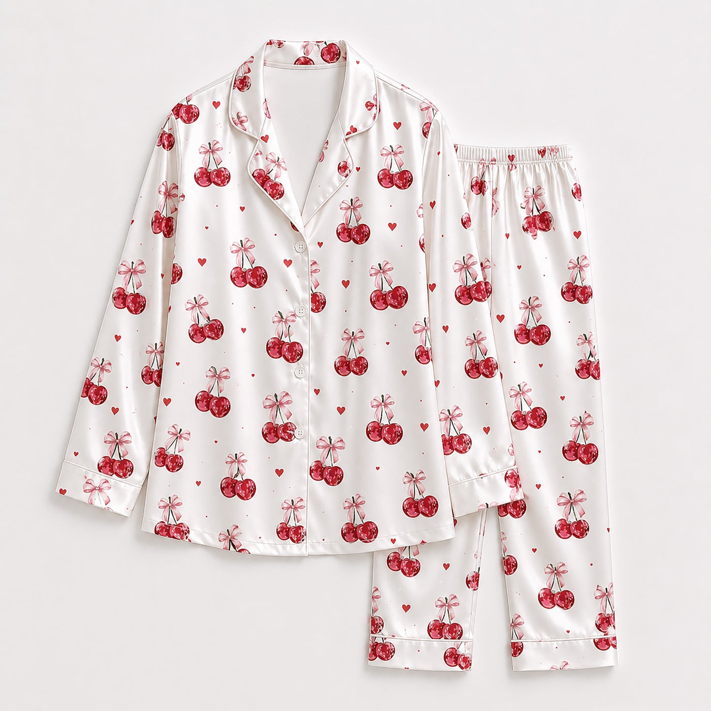 PJ-386-White Satin Cherry Pajama Apparel, Red Berry Pattern Sleeve Loungewear Sleepwear Collection Clothing