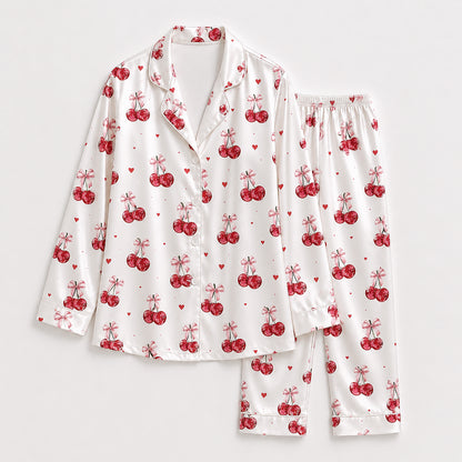 PJ-386-White Satin Cherry Pajama Apparel, Red Berry Pattern Sleeve Loungewear Sleepwear Collection Clothing